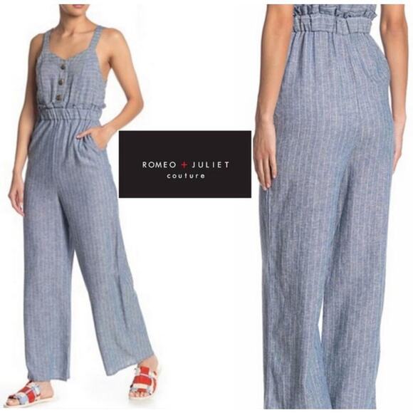 NWT Striped LINEN Romeo & Juliet Couture BLUE/Ivory Wide Leg Jumpsuit LARGE - Picture 1 of 14